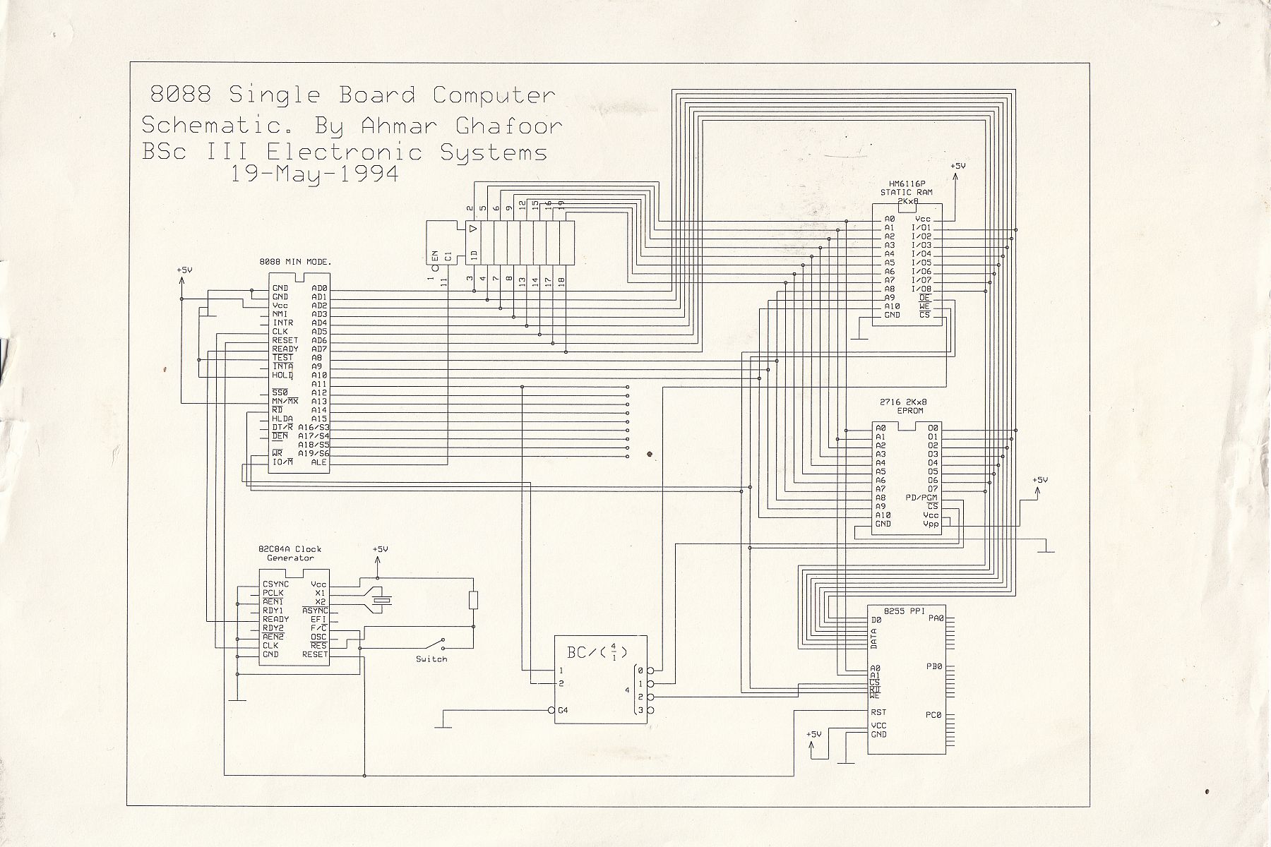 8088 single board computer schematic by mechatronics student, Ahmar Ghafoor, Abertay University 1994 