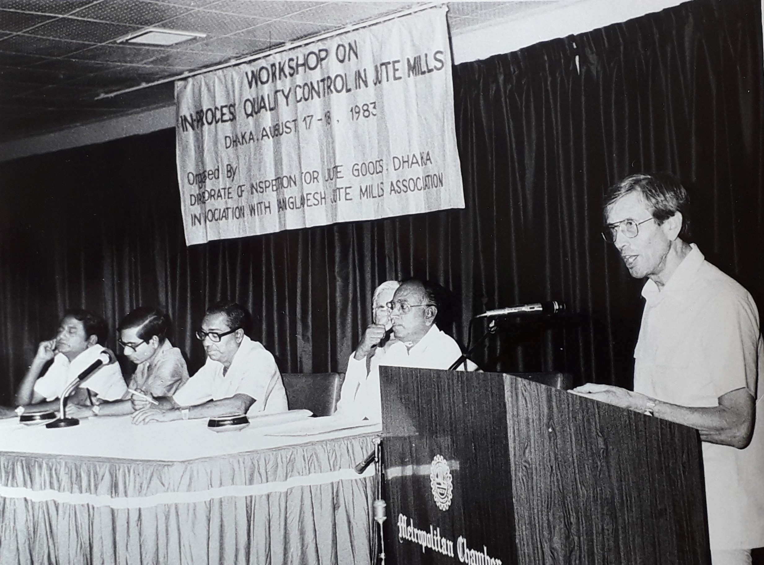 Jim Gordon speaking at a Jute Manufacturing Workshop in Bangladesh in 1983