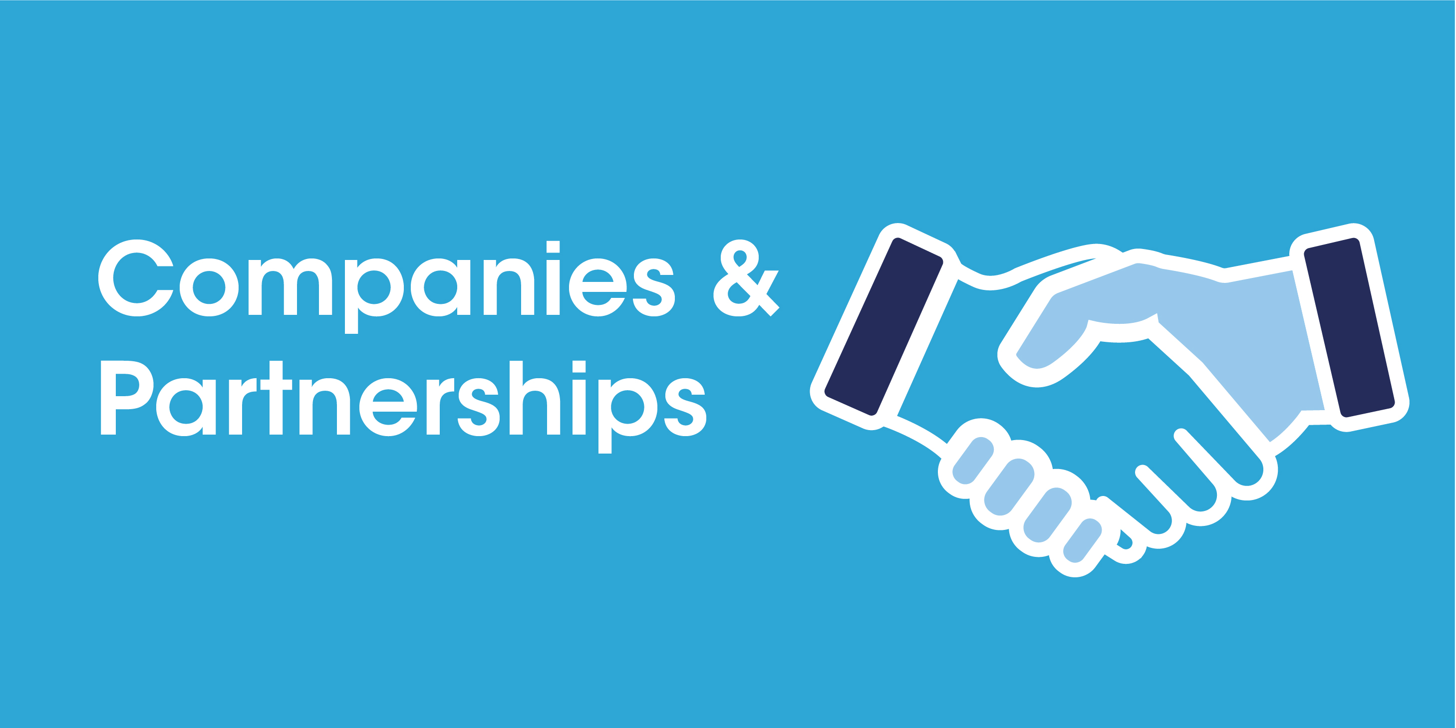 A handshake. Companies and Partnerships letters in white. Light blue background.