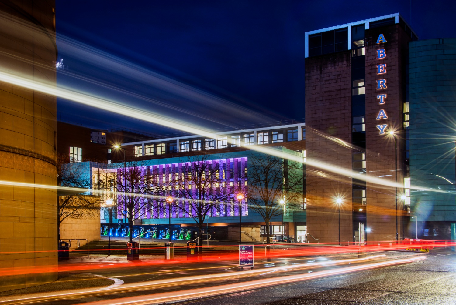Abertay at night, which shows the Kydd Building from outside the library.